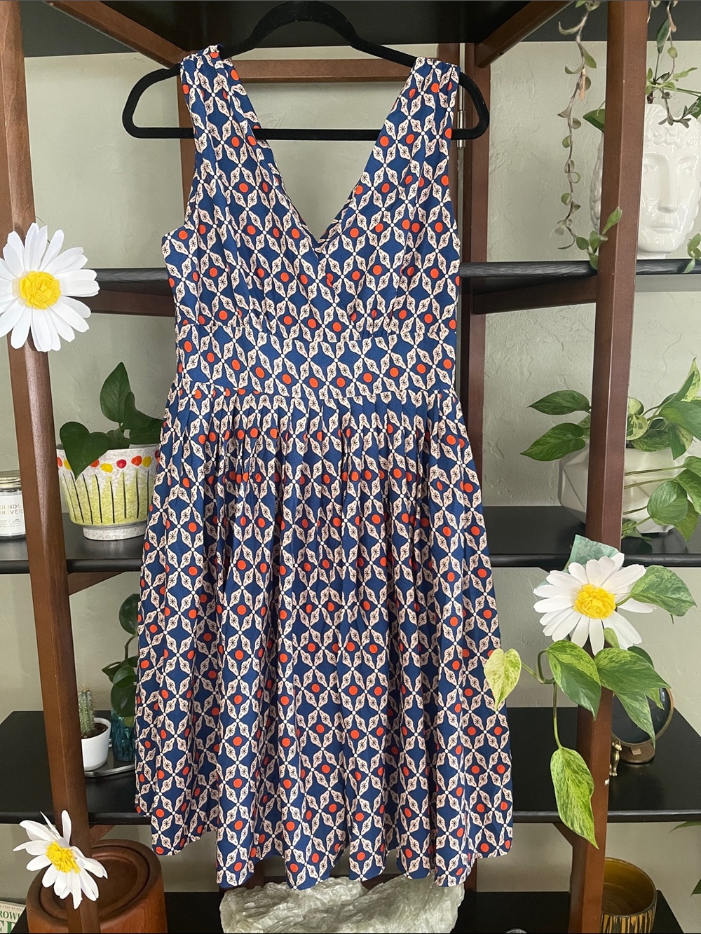 Aryeh Navy Blue Printed Mini Dress with Cream and Red Accents